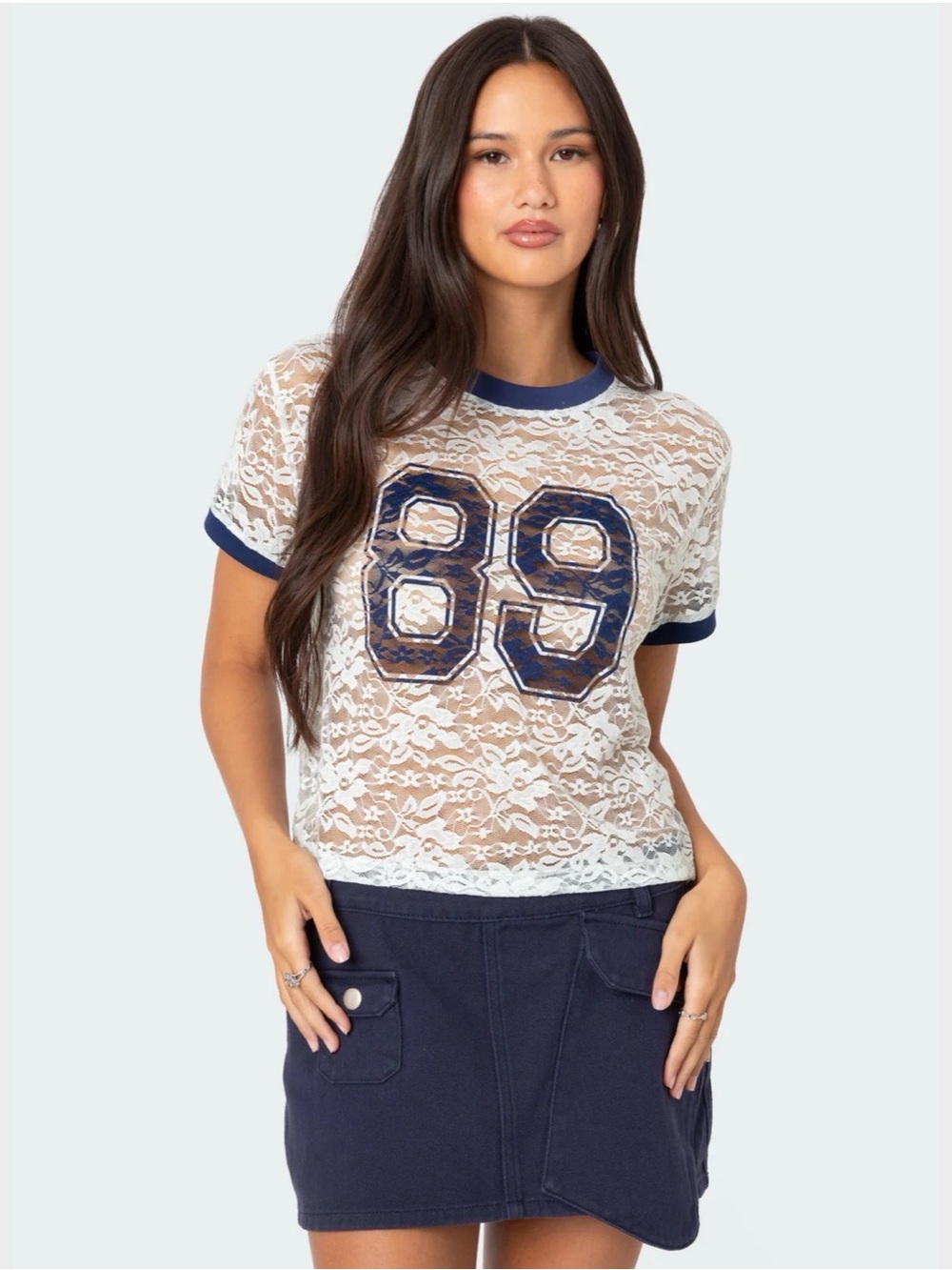 (Worn Once) Edikted Sheer Lace Ringer Tee with Navy Number Detail - White/Navy